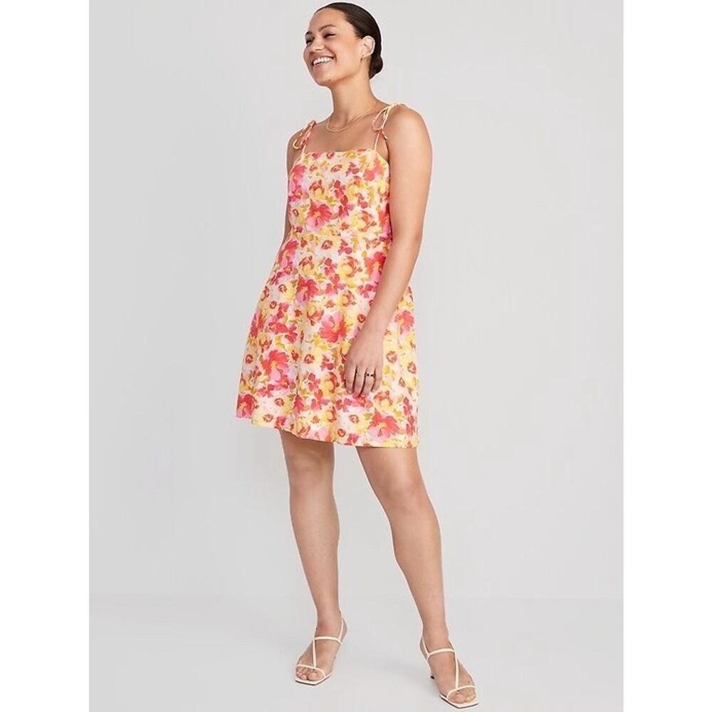 Old Navy Womens Linen Blend Tie Shoulder Dress Floral Size Large